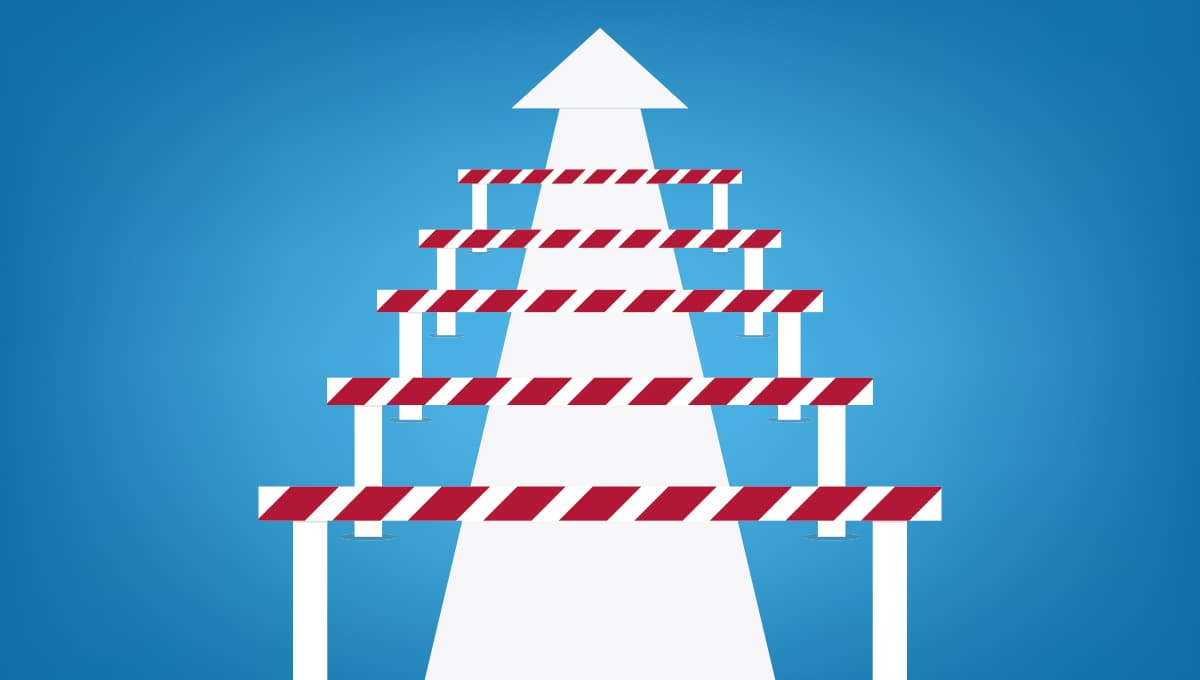 A white arrow leads upwards, obscured by hurdles cradled over it