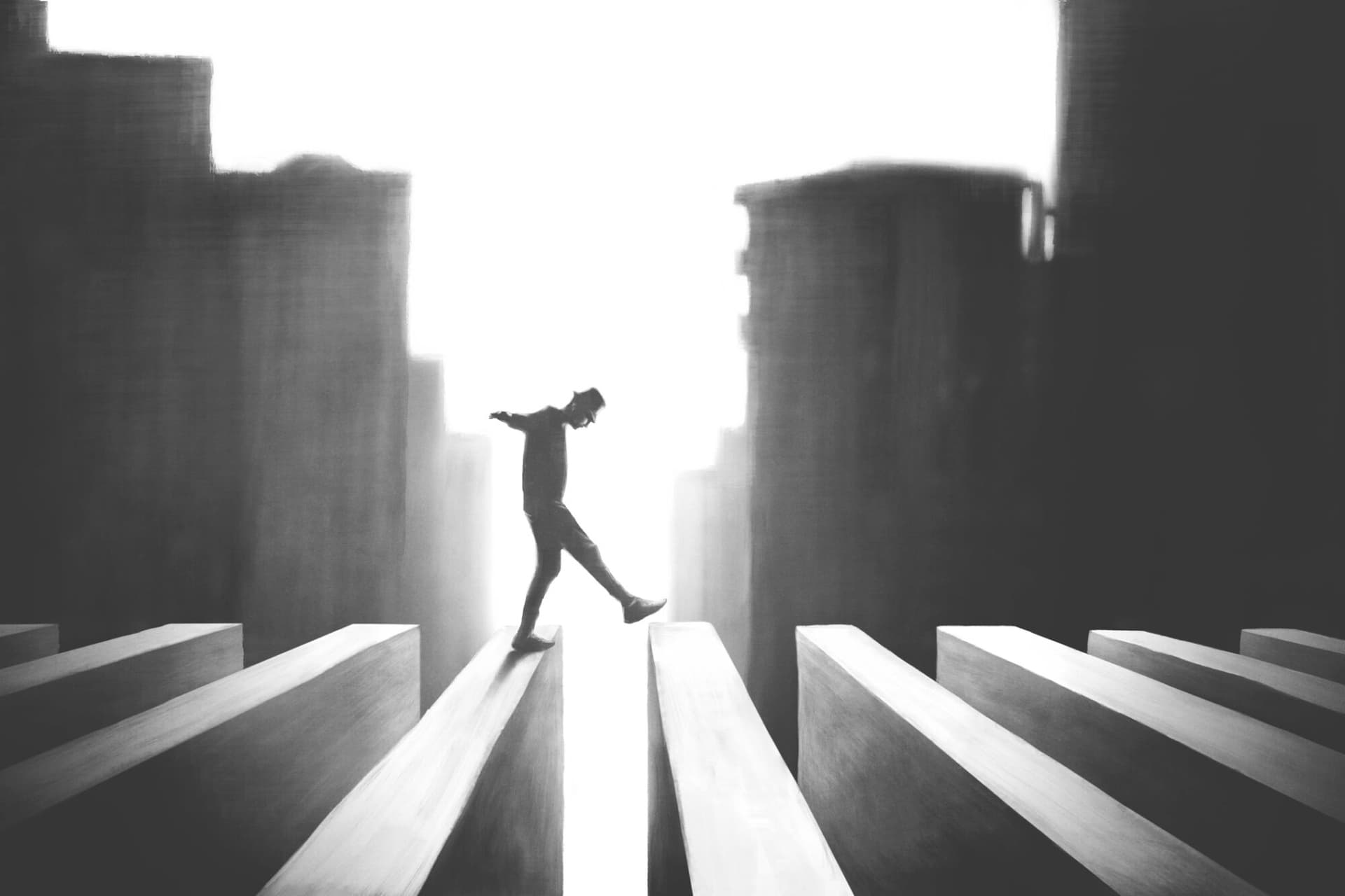 illustration of man walking along ledges