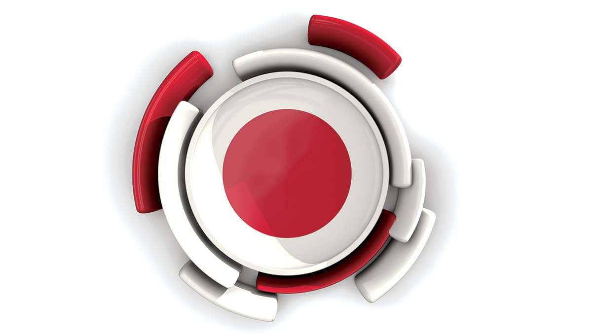 Round flag of japan with color pattern isolated on white. 3D illustration