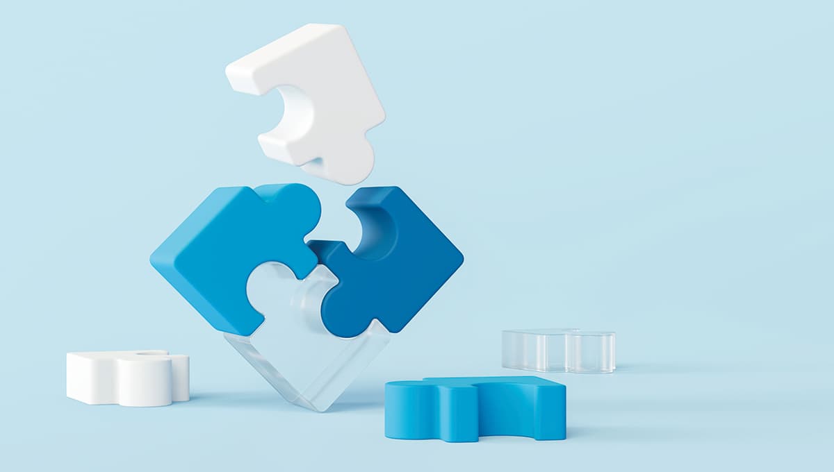 3D Clear blue color jigsaw puzzle pieces on Light blue background. Connecting jigsaw puzzle. Symbol of White Ocean teamwork, cooperation, partnership. business concept. 3d rendering illustration