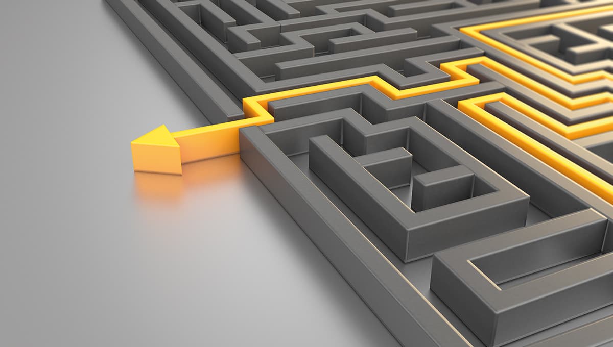 Orange colored path across a maze. ( 3d render )