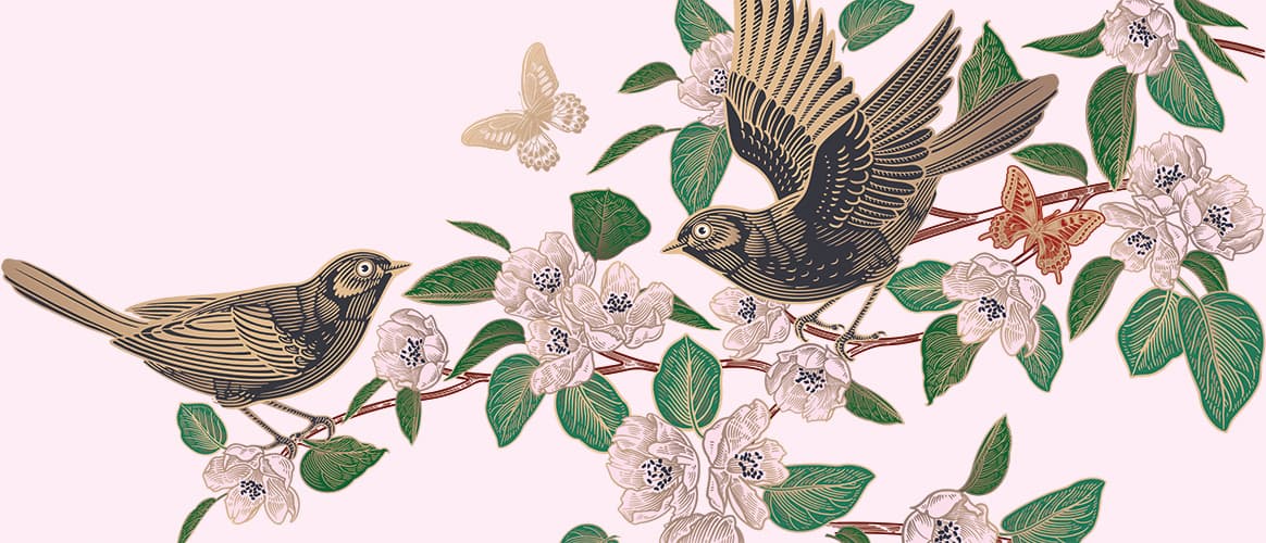 Cute birds on the branches, butterflies, dragonfly. Flowers and leaves of Blossoming tree on red background. Floral seamless pattern. Spring Vector illustration. Vintage. Template for wallpaper, paper.