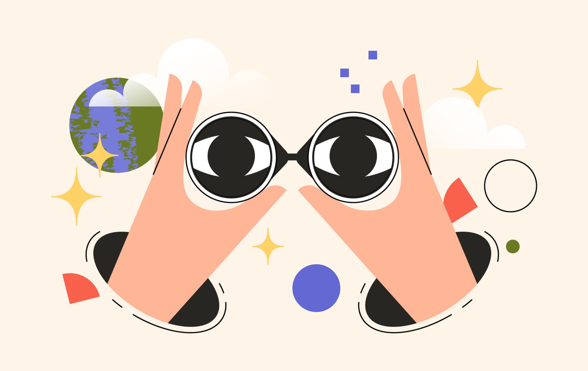 Hands holding binoculars with eyes visible inside