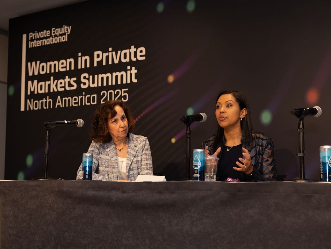 Lori Hall-Kimm (right), head of global private equity, Healthcare of Ontario Pension Plan (HOOPP), speaks at the Women in Private Equity Forum in New York on May 13, 2025.