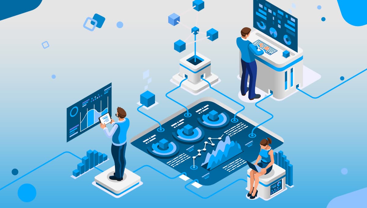 Three people operate computer terminals in an isometric drawing representing the collaborative use of data