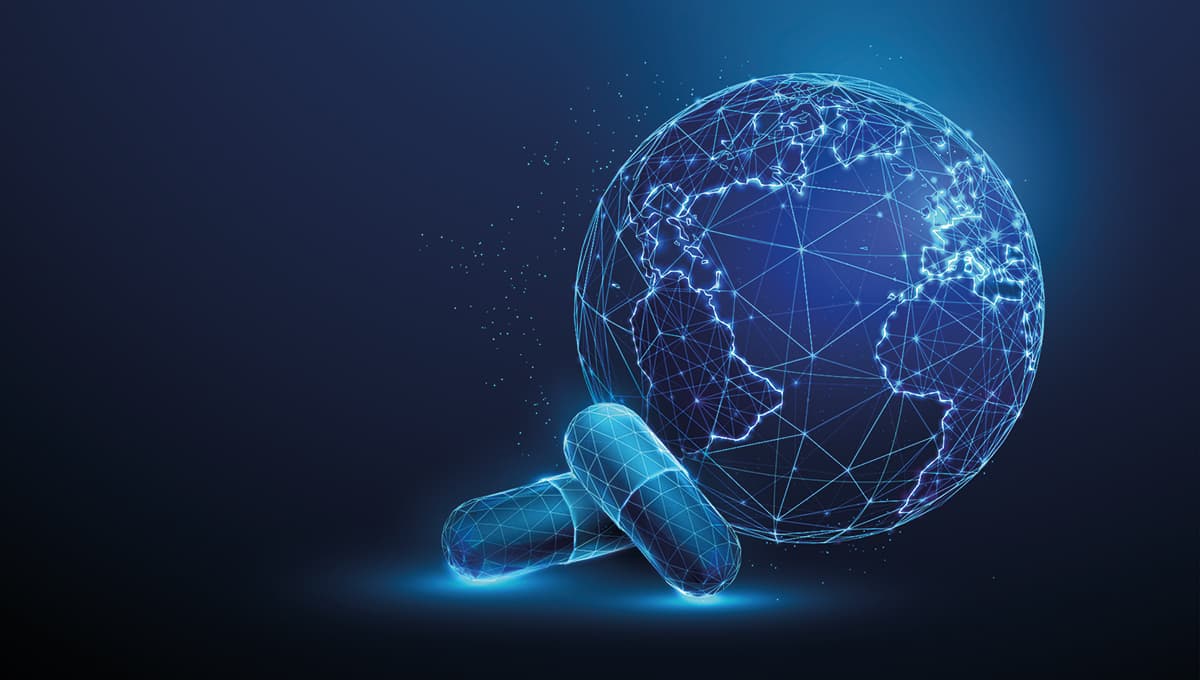 Medical pills and planet Earth. Healthcare and medical treatment concept. Low poly style. Abstract geometric background. Wireframe light connection structure. Modern blue 3d graphic. Vector