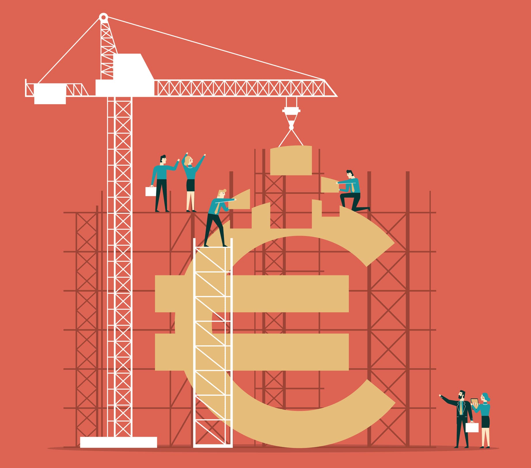 Illustration of a crane and construction workers building a giant euro