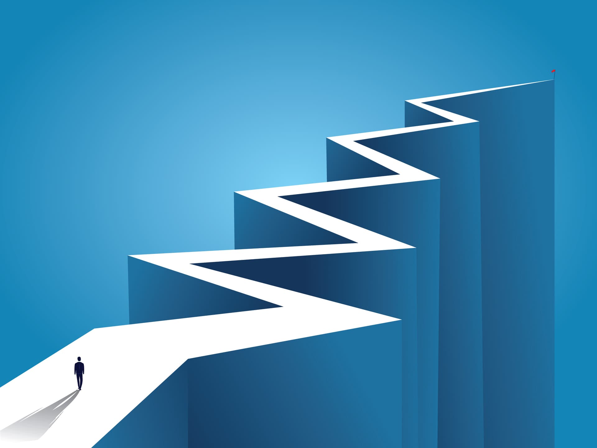 An illustration of a businessperson standing at the beginning of a long, zig-zagging road
