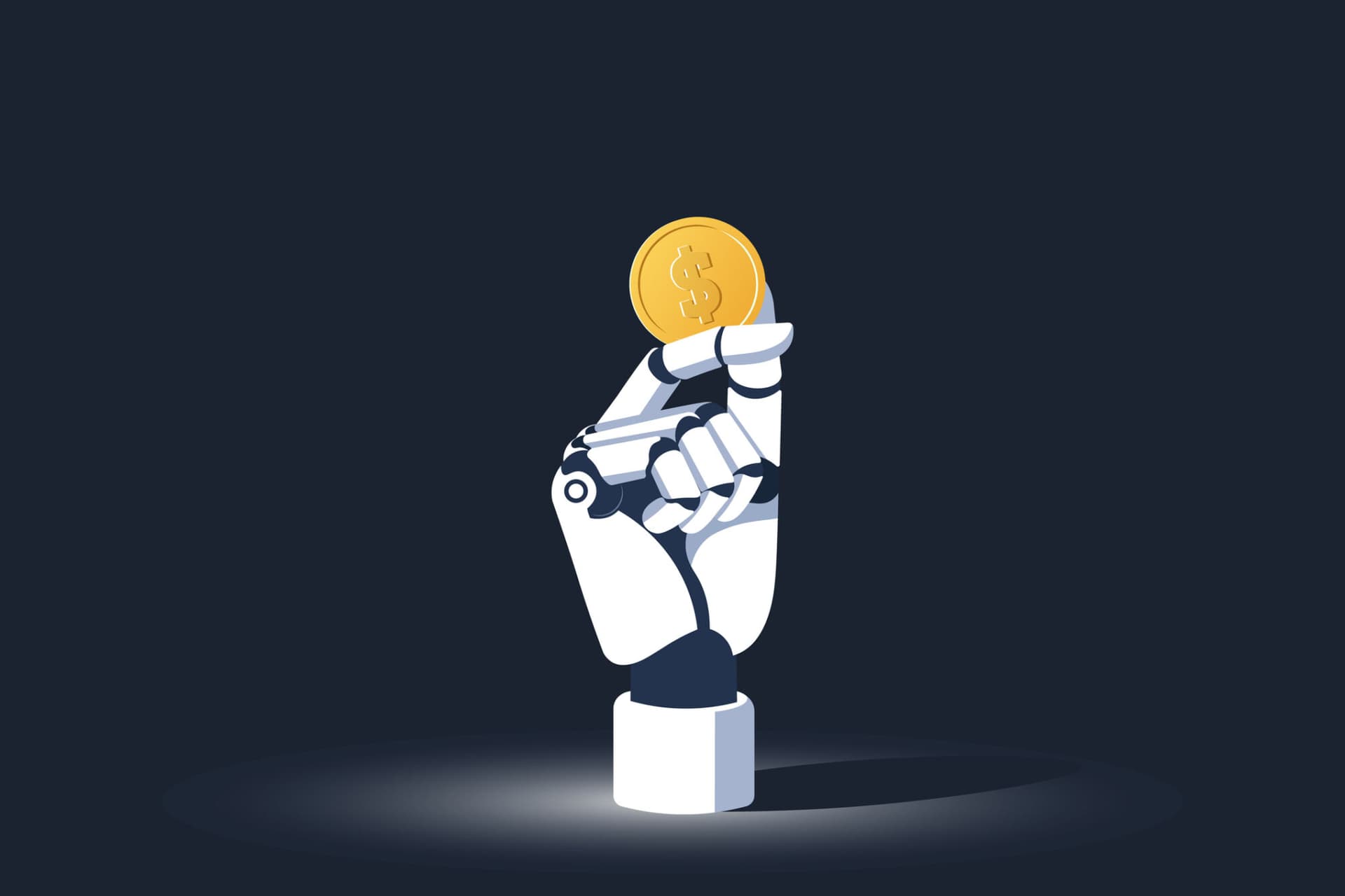 Robot hand holding dollar coin,vector illustration of the artificial intelligence or Ai modern technology and financial empowerment. AI money