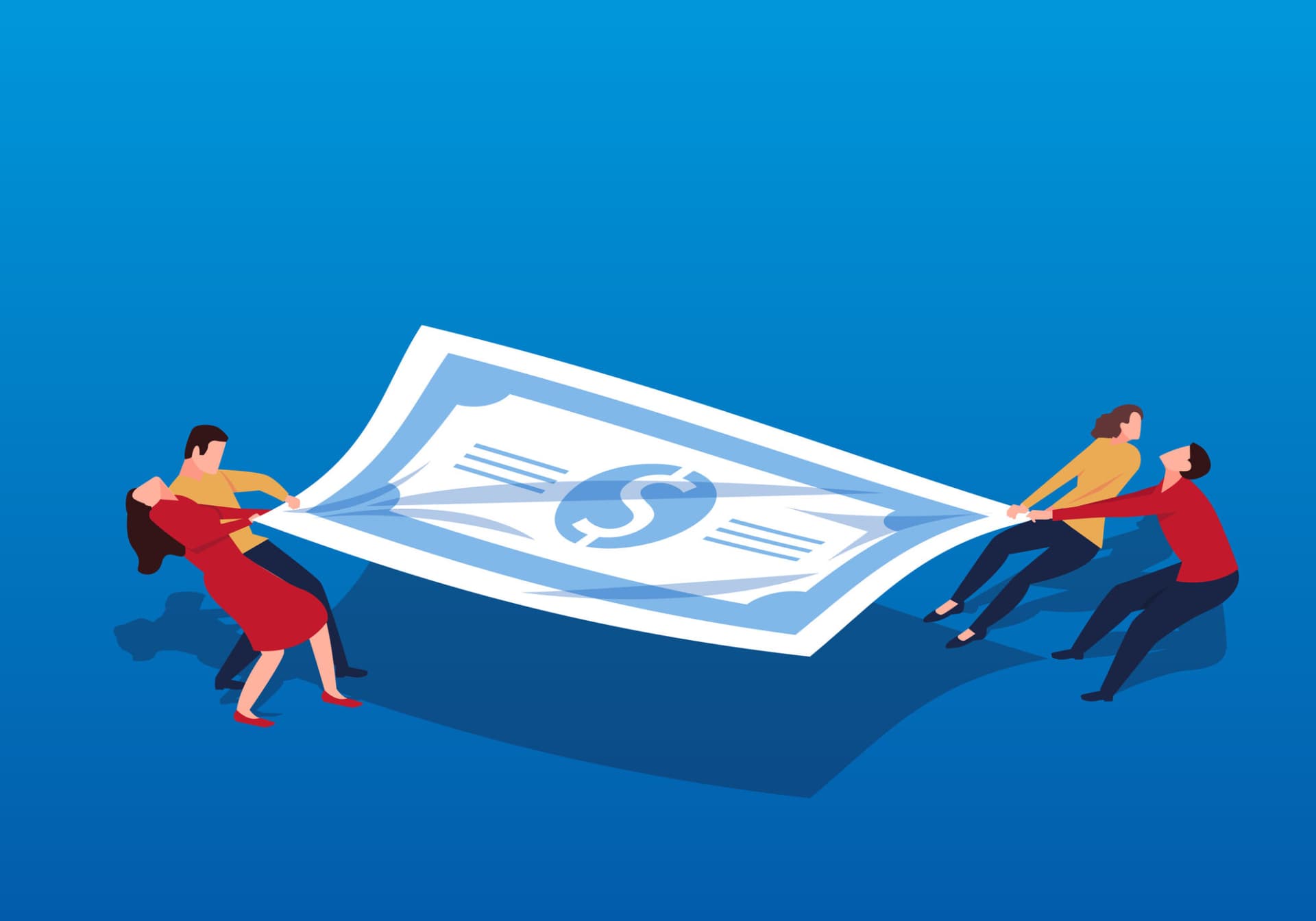 Illustration of businesspeople fighting over a large dollar bill