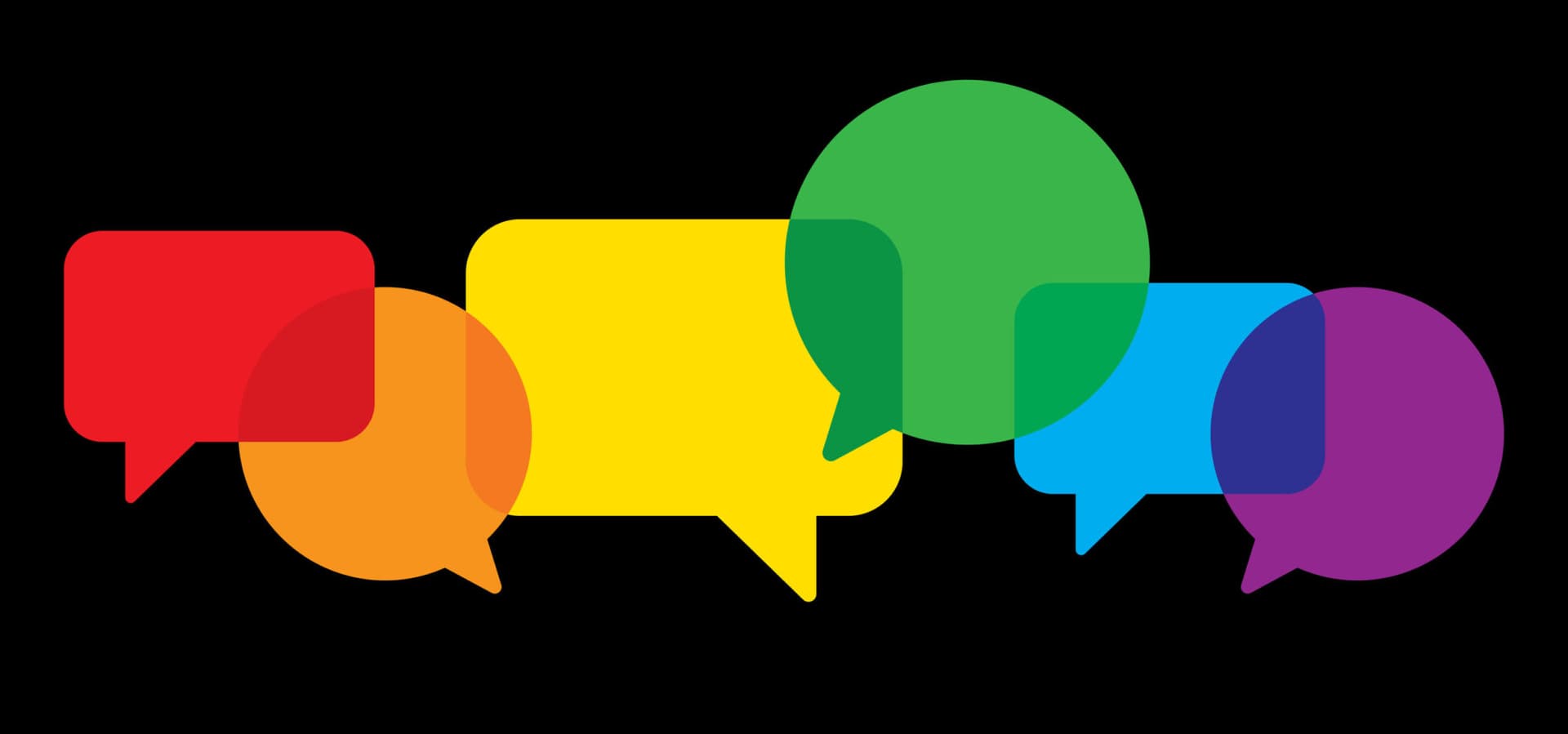 Vector illustration of multi-colored speech bubbles against a black background in flat style.