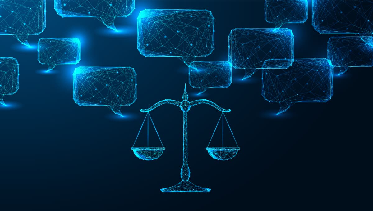 Scales made of digital code represent legal technology
