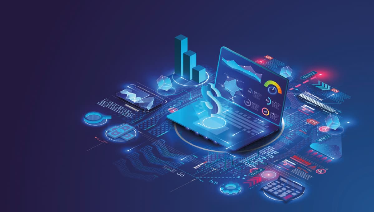 Isometric illustration of a laptop against a blue background surrounded by holographic charts, visualisations and infographics