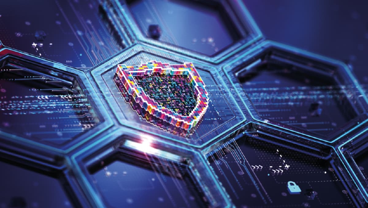 A digital shield on a hexagon, representing cybersecurity