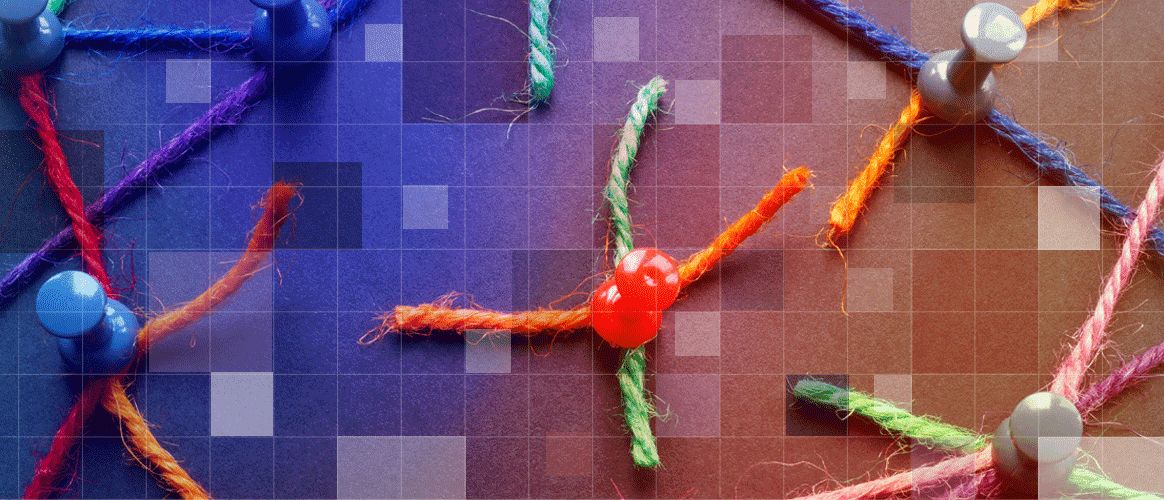 Strings have frayed and severed between pins in a depiction of deglobalisation