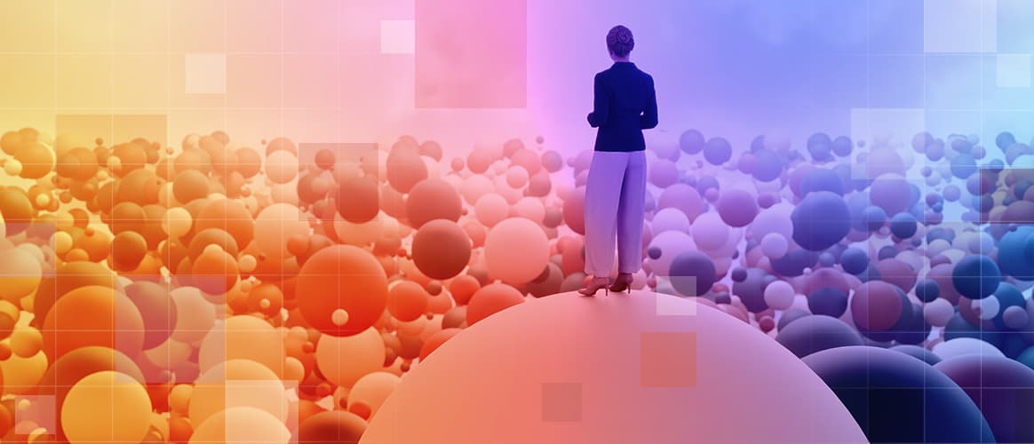 Woman standing on a sphere amid a multitude of other spheres, for the Private MArkets 2030 Industry Consolidation theme