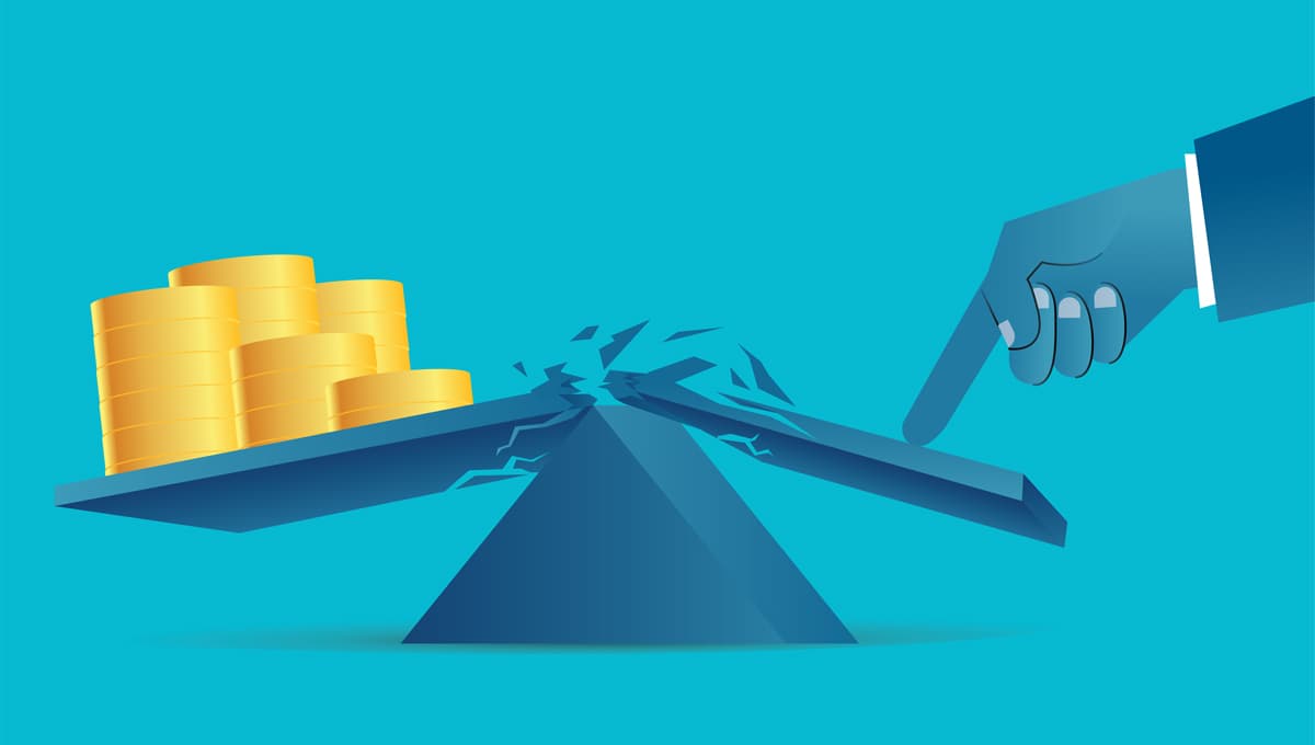 Seesaw scales break as finger tries to tip money upwards
