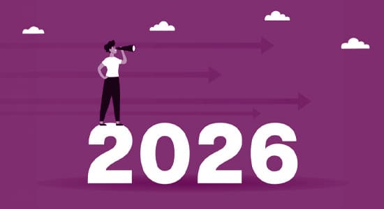 Woman looking ahead to 2026 with binoculars