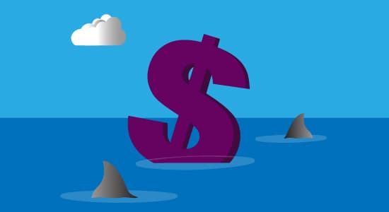 A dollar sign floats on the sea with sharks circling it