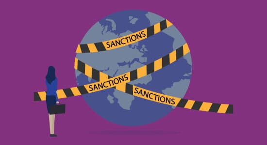 An illustration and looking at planet earth, wrapped in tape that reads "Sanctions"
