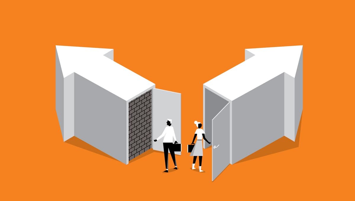 diverging arrows with doors and figures exiting