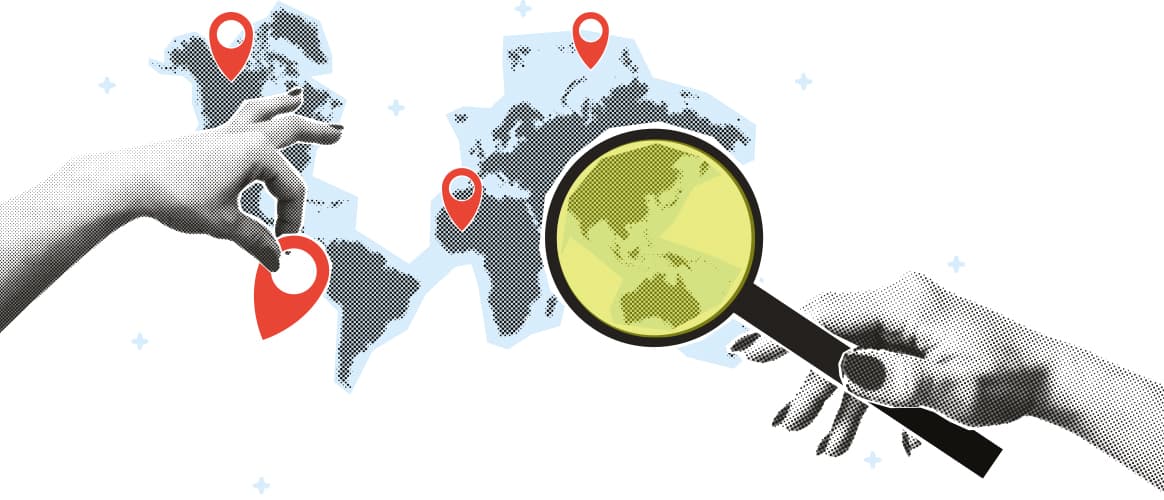 World map with magnifying glass on Asia-Pacific, APAC, T9