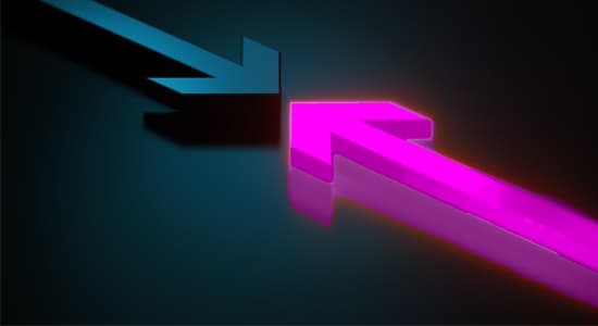 Two arrows, one black one purple point towards eachother with their ends touching, suggesting conflict / confrontation