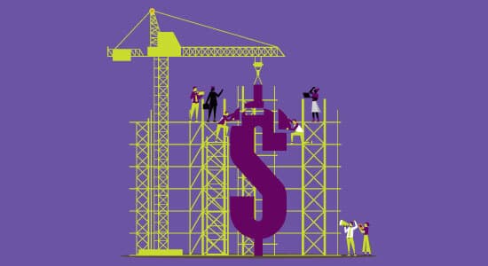Scaffolding and building equipment surrounds a large US dollar sign