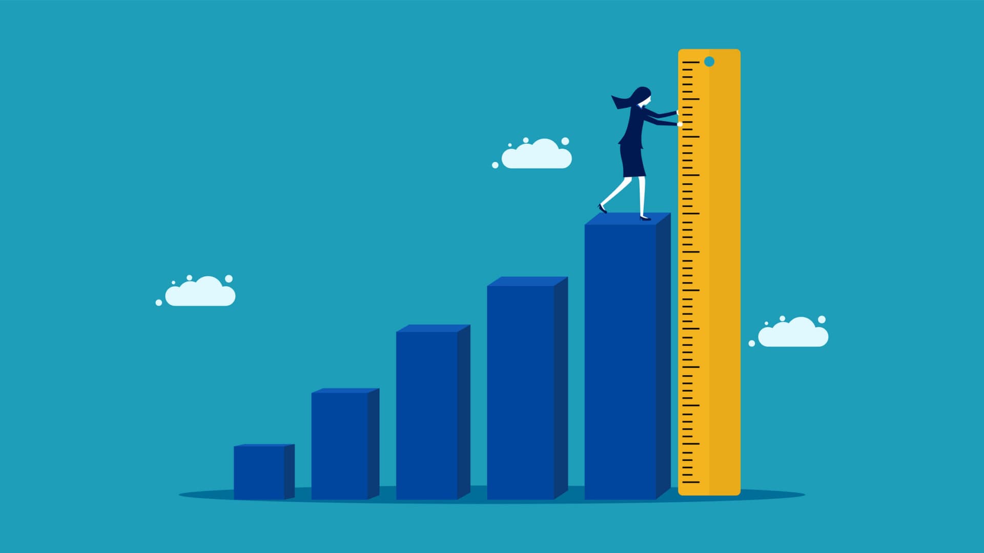 Illustration of a bar chart with a businesswoman measuring the largest bar