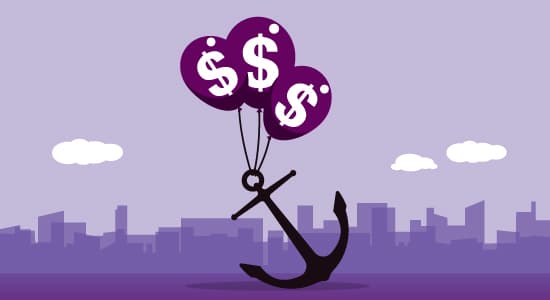 Anchor supported by balloons with dollar signs on them with an urban skyline background