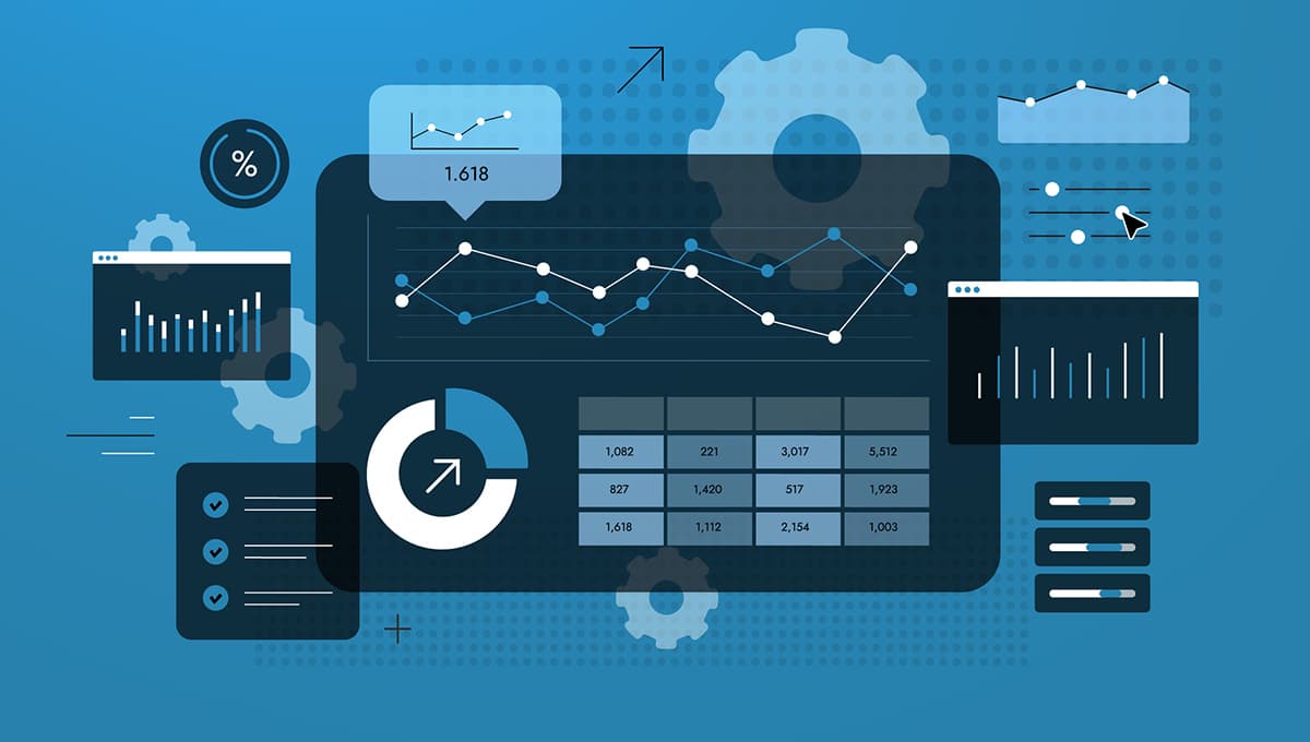 images of cogs, metrics, figures in blue