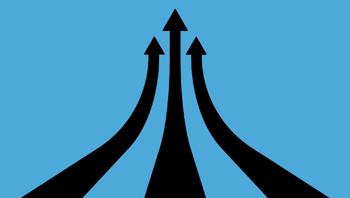 Three black arrows heading up on a blue background