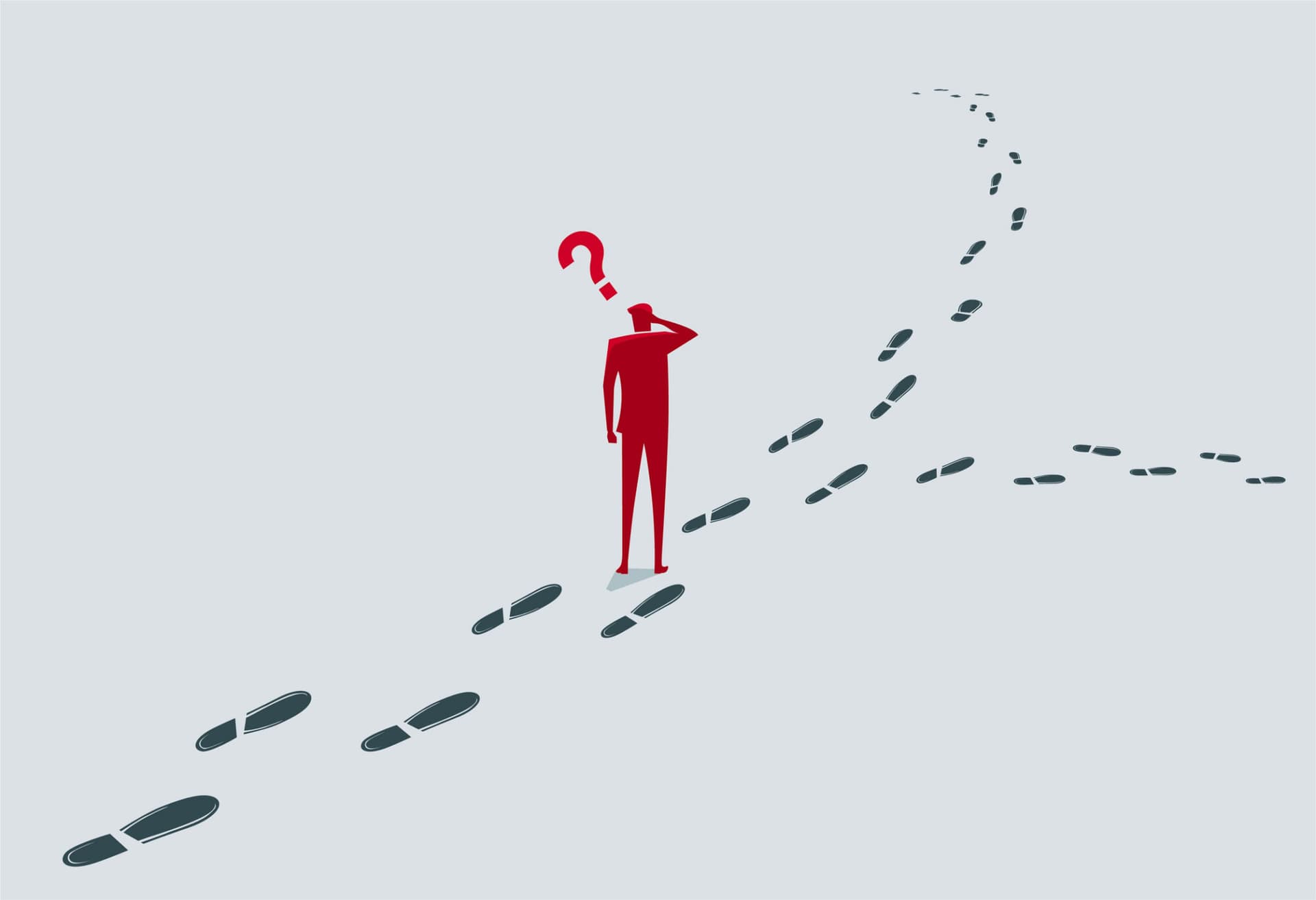 A red silhouette of a man scratching his head beneath a red question mark, standing where a path of footprints splits into two directions.