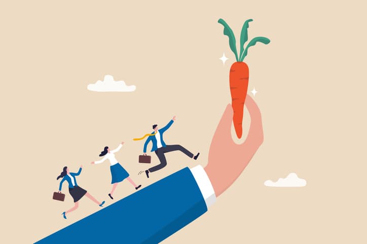 Three people chasing a carrot up someone's arm