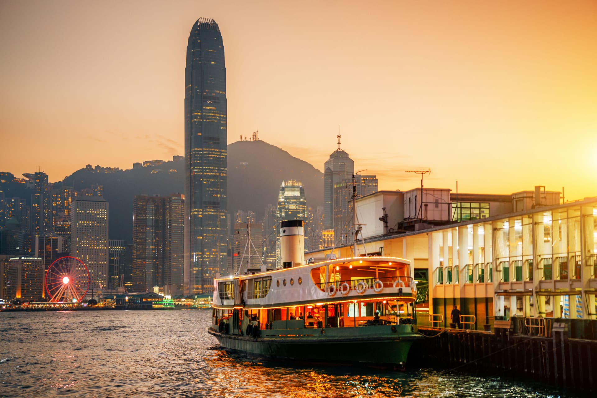Scenery of Victoria Harbor of Hong Kong city at dusk