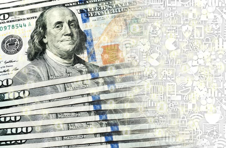 US Dollar banknotes and technology finance icons.