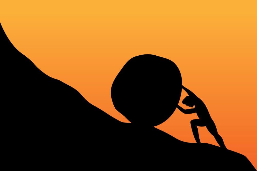 Sisyphus, hard work, pushing rock uphill, difficult task