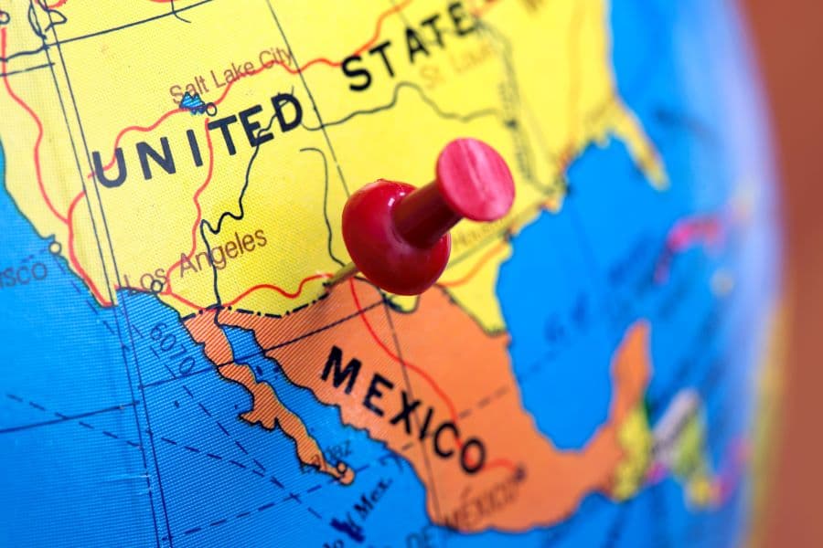 Map showing United States and Mexico.