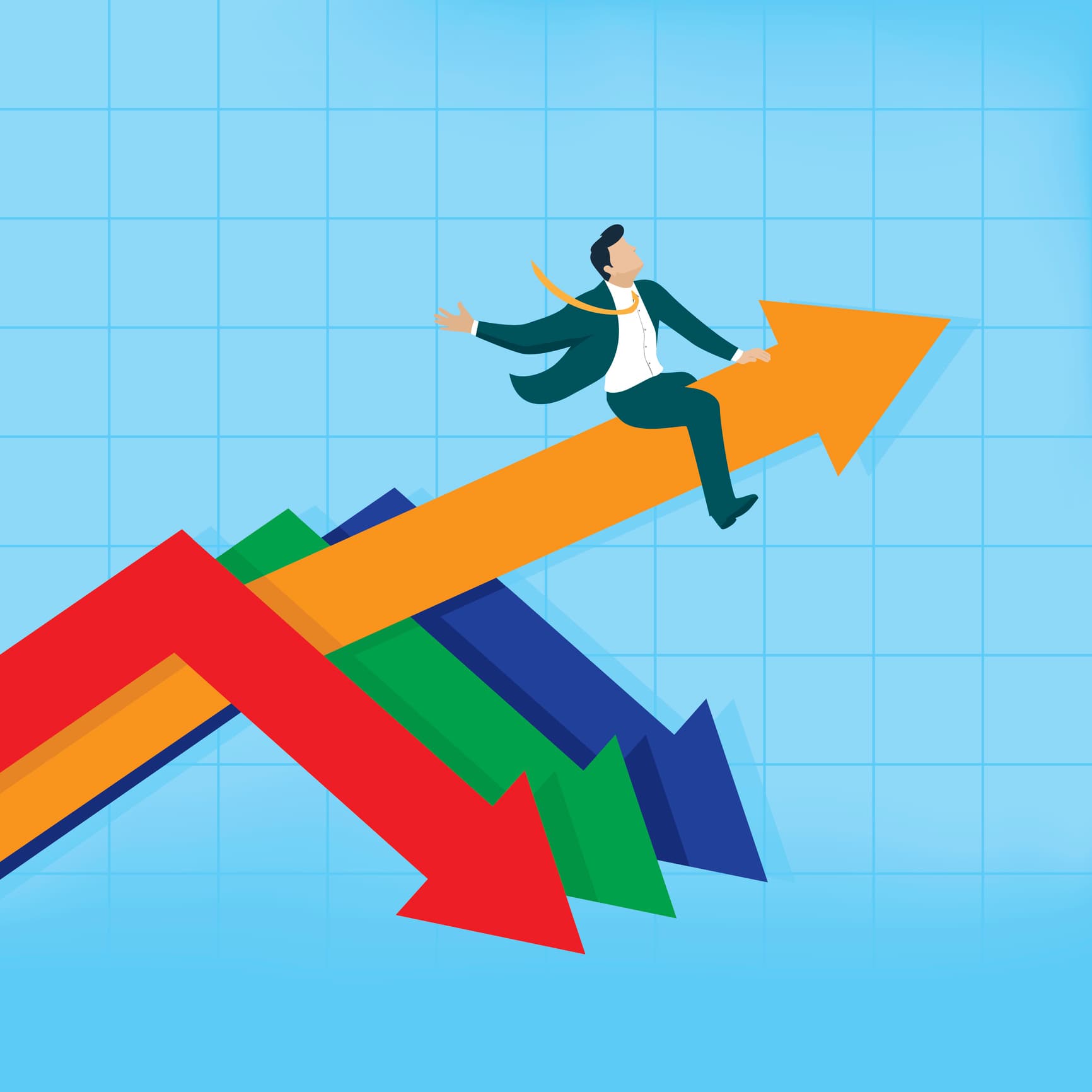 Illustration showing one arrow going up while others go down.