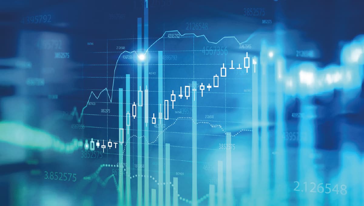 Rendering of a chart and programming code against a blue background