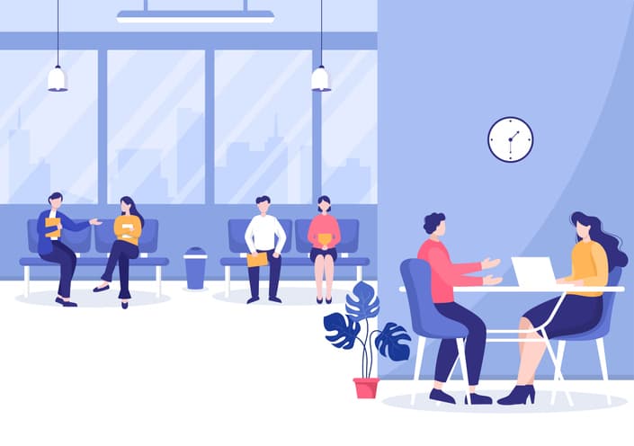 Illustration of a job interview taking place against a blue background. Other candidates are waiting to be seen
