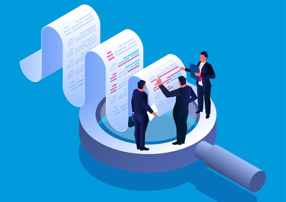 Photo illustration of attorneys/lawyers examining a document.