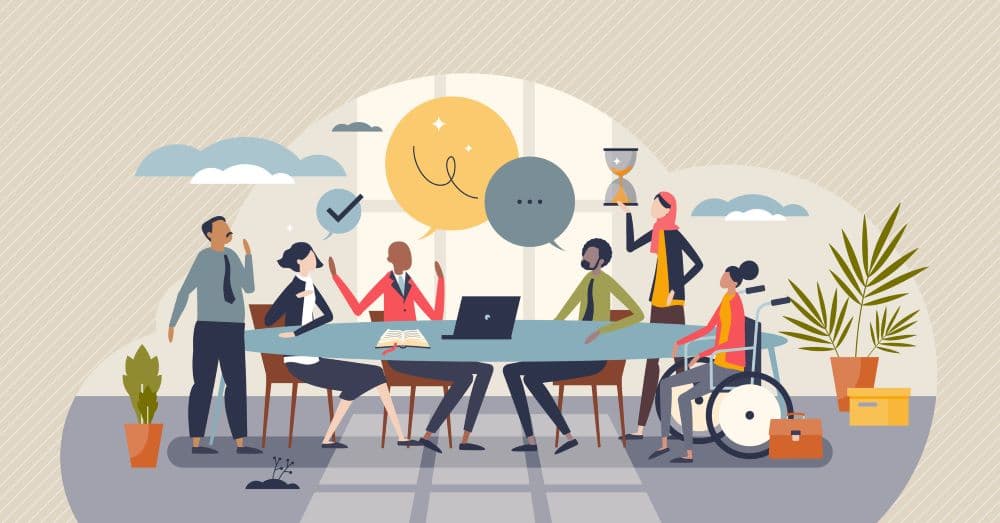 Photo illustration of a diverse corporate workplace.