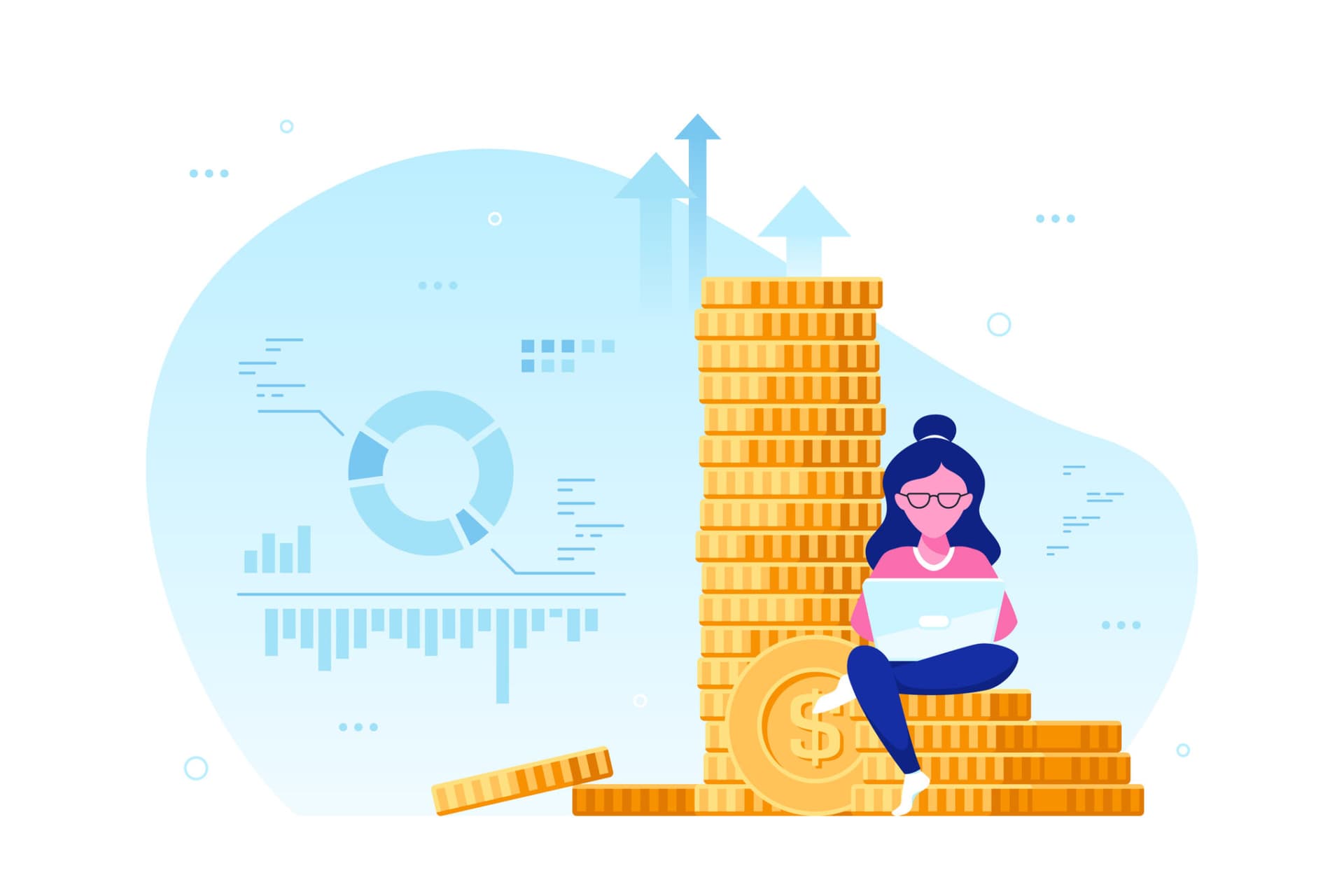 Woman on pile of money