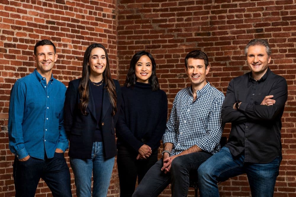 Photo of partners of Uncork Capital (from left): Tripp Jones, Amy Saper, Susan Liu, Andy McLoughlin, and Jeff Clavier.