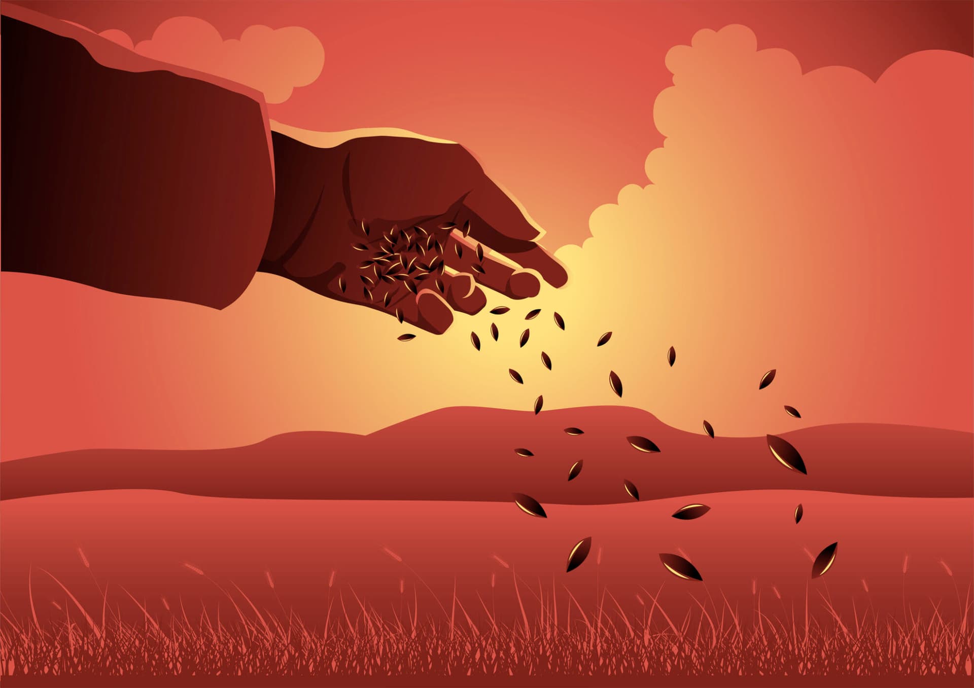 Photo illustration of a hand sowing seeds.