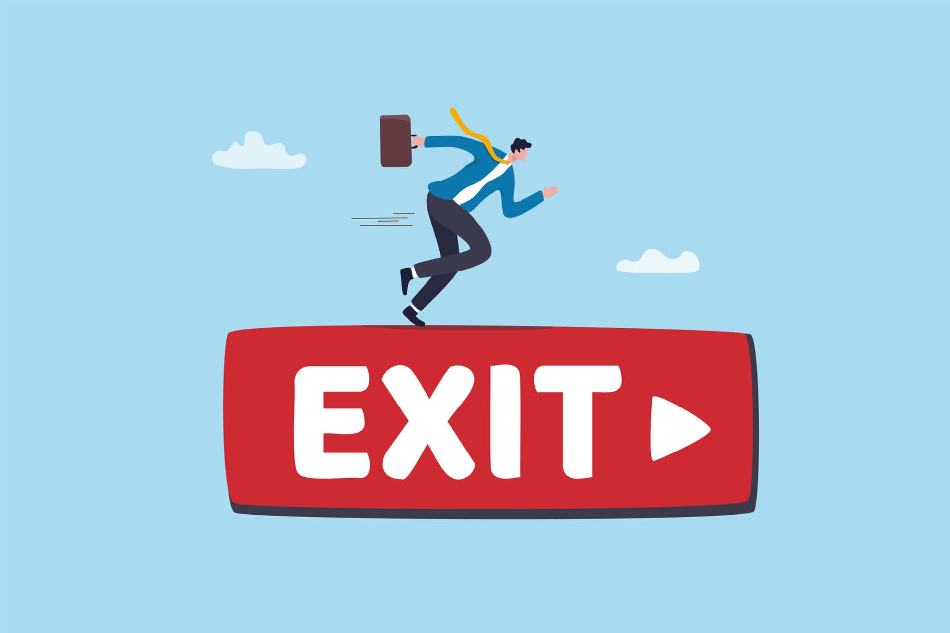Exit strategy escape plan or challenge to choose successor before leaving company or ROI on investment before exit market, risk preparation, retirement decision, businessman running on exit sign.