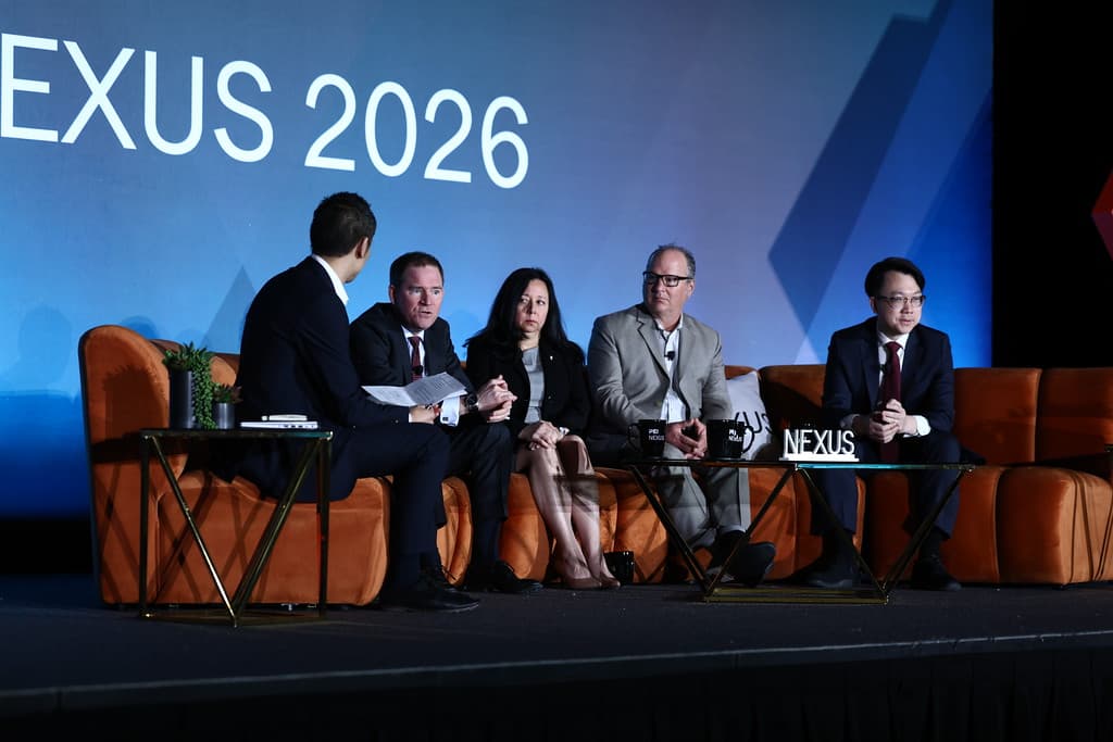 PEI's Adam Le on stage at the NEXUS 2026 conference with Stefan Fallgren of Skandia Mutual Life Insurance Company, Geeta Kapadia of Fordham University, Mike Lazorik of Teacher Retirement System of Texas and Jacob Shu of University Pension Plan Ontario (left to right)