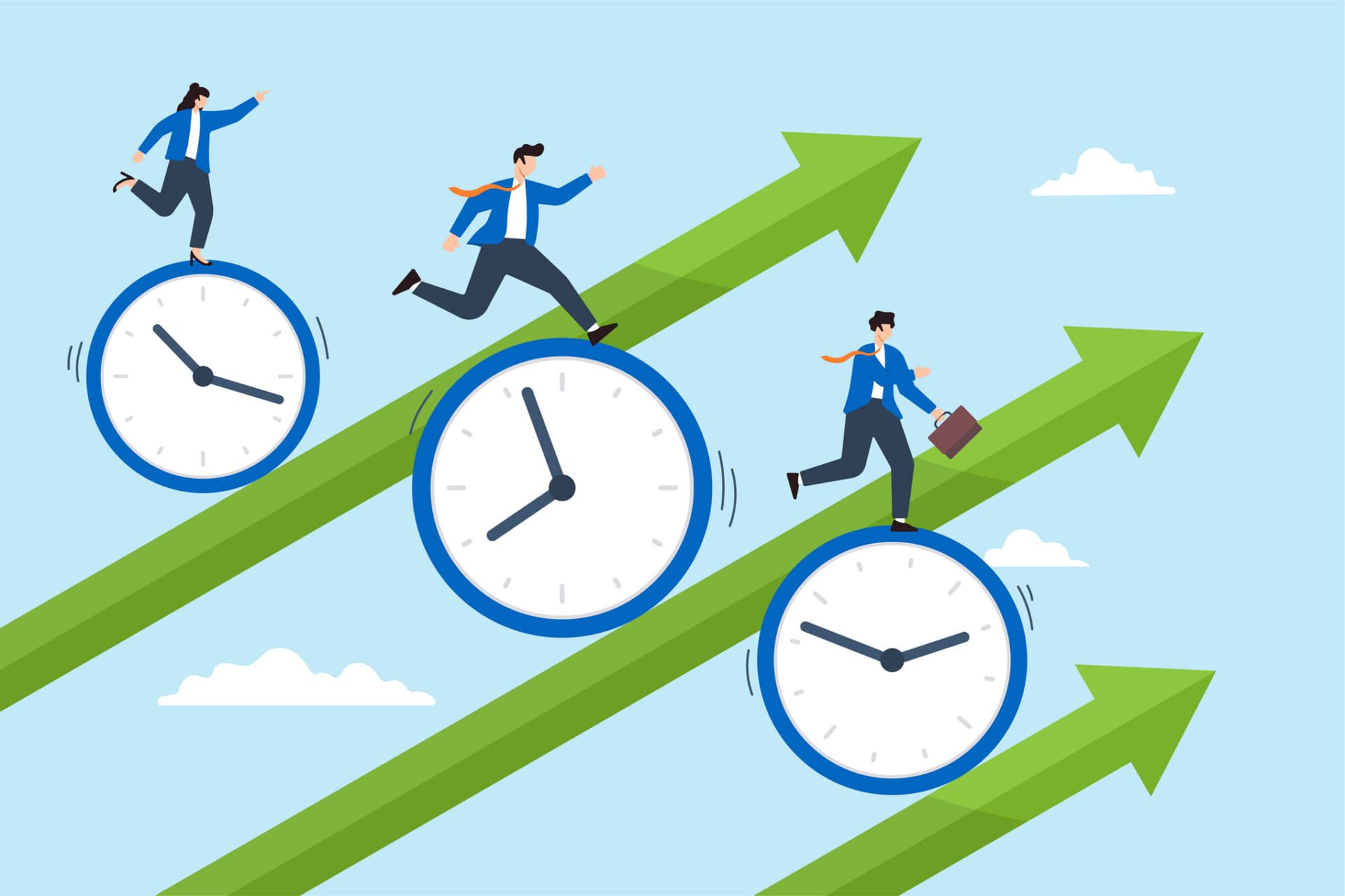 Business people riding clock on rising graph arrow