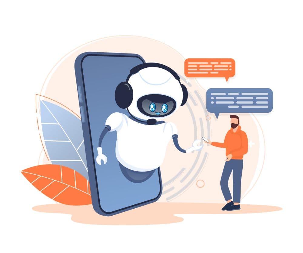 Illustration of man talking to an AI chatbot.